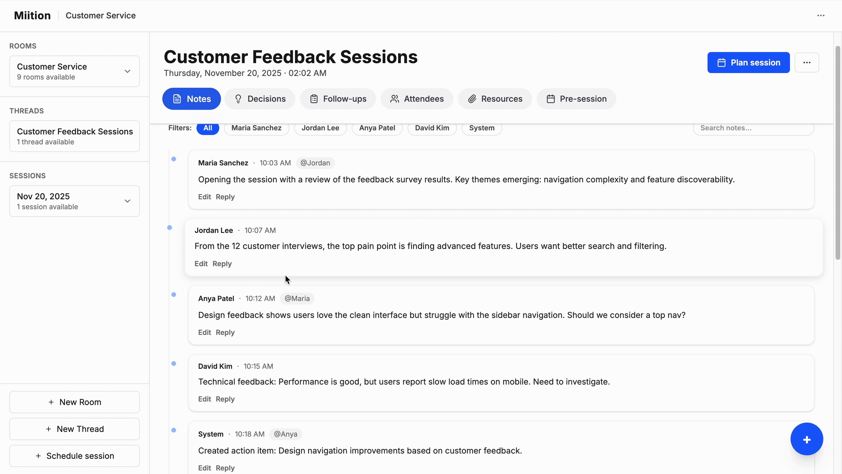 Miition room layout demo showing meeting continuity features